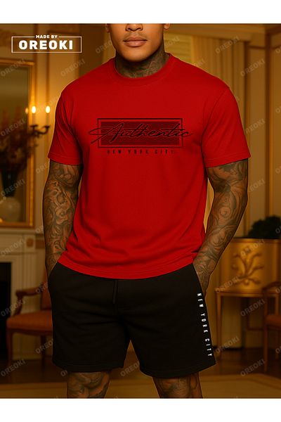 EFFRENATU Authentic Printed Cotton Fabric Men's Red T-Shirt-Black Shorts Set