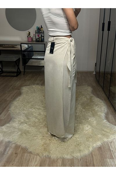 NET OF NOT Isla Beige Bamboo Linen Adjustable Belted Trousers with Flap on the Front and Back Suitable for Hijab