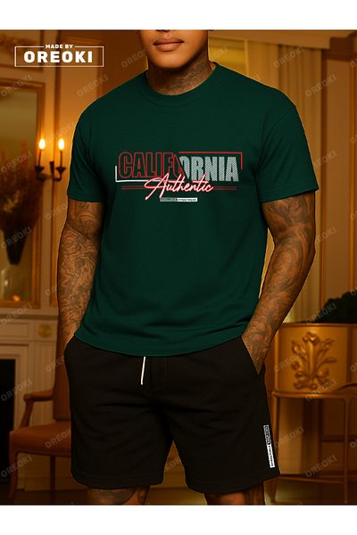 EFFRENATU California Authentic Printed Cotton Fabric Men's Forest Green T-Shirt-Black Shorts Set