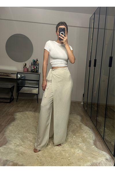 NET OF NOT Isla Beige Bamboo Linen Adjustable Belted Trousers with Flap on the Front and Back Suitable for Hijab