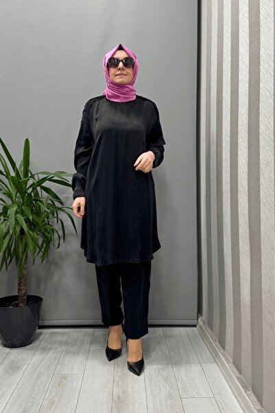 MissWhence Satin Silk Tunic Pants Suit Black 37017