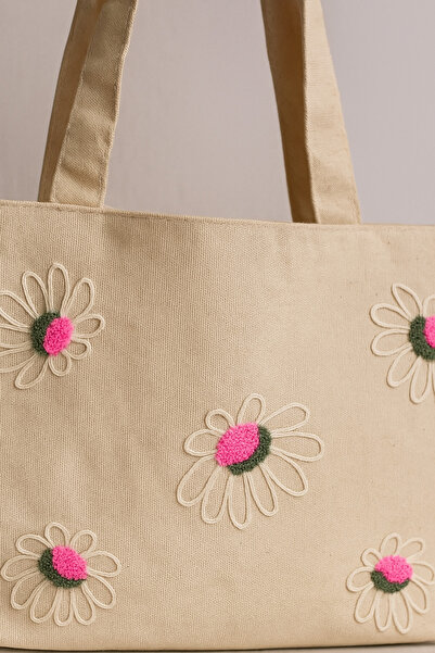 Rell Home Лятна чанта с бродерия с розов маргаритен мотив, плажна чанта 45x32 cm