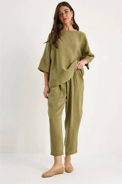 Ecenin Favorileri Khaki Half Sleeve Women's Blouse Pants Suit