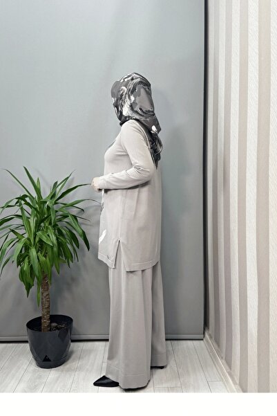 MISS DALIDA Front Stitching Detailed Wide Leg Knitwear Trousers Gray T25Y-7009