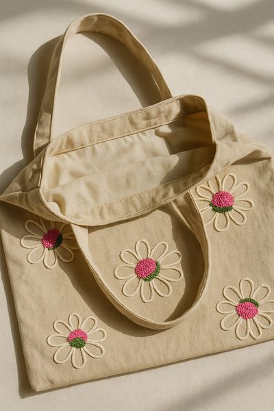 Rell Home Pink Daisy Patterned Punch Embroidered Summer Bag Beach Bag 45X32 cm
