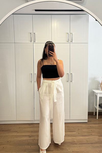 Güneş Belted Wide Leg High Waist Linen Trousers