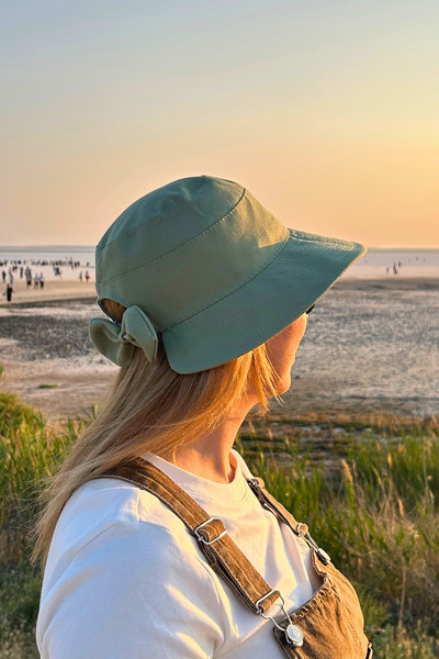 Hat Town القوس مفصلة الكتان دلو قبعة المرأة