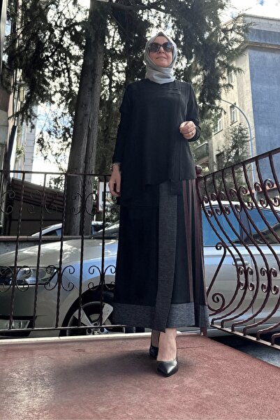 MissWhence Black Suede Skirt - Stripe Detailed, Model 36903