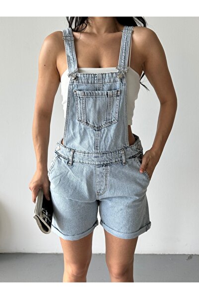 DESTEMODA Kadın Kot Askılı Şortlu Salopet Denim Buz Mavi 4504