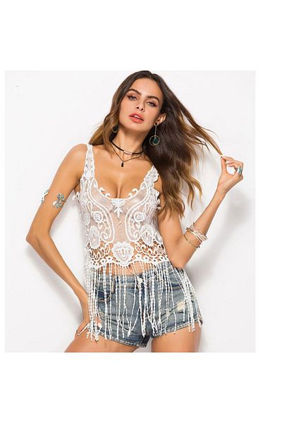 FASHION COCKTAIL Δυτική μποέμ με μακριά κρόσσια με φούντες χωρίς επένδυση Μπλούζα Crop