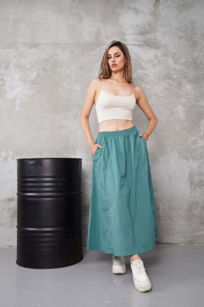 Gülmude Fusta lungă cu talie elastică, buzunar din flanel, fustă sezonieră din țesătură popelină (90 cm)