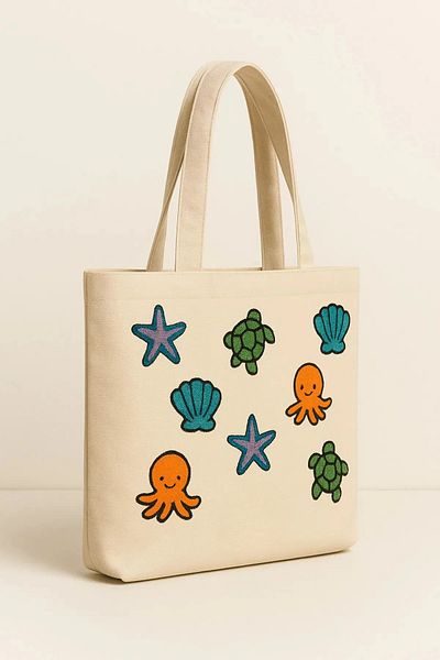 Rell Home Mixed Sea Star Octopus Patterned Punch Embroidered Summer Bag Beach Bag 45 X 32 cm
