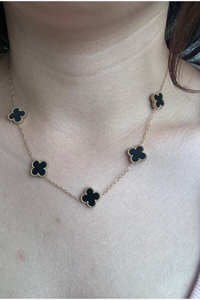 soleah Black Clover Stone Gold Frame 5 Clover Necklace Model Steel