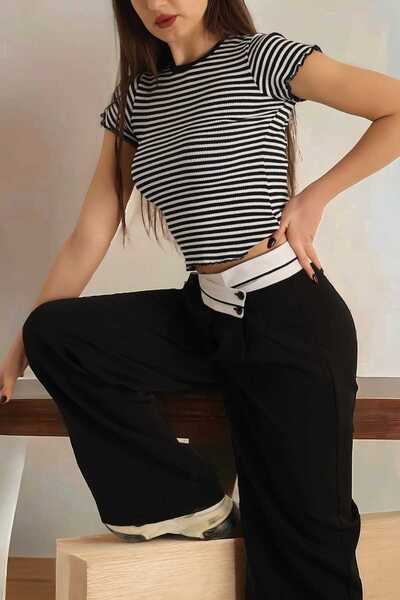 Aslında Look Гъвкава и удобна оребрена блуза от ликра на райета - с кръгло де...