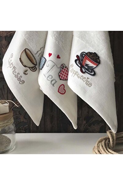 MARİBOR Keyif 2 - Nakışlı Mutfak Havlusu %70 Bambu / %30 Pamuk - Krem 3'lü Se...