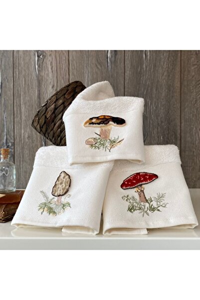 MARİBOR MANTAR - Nakışlı Mutfak Havlusu %70 Bambu / %30 Pamuk - Krem 3'lü Set 30x50