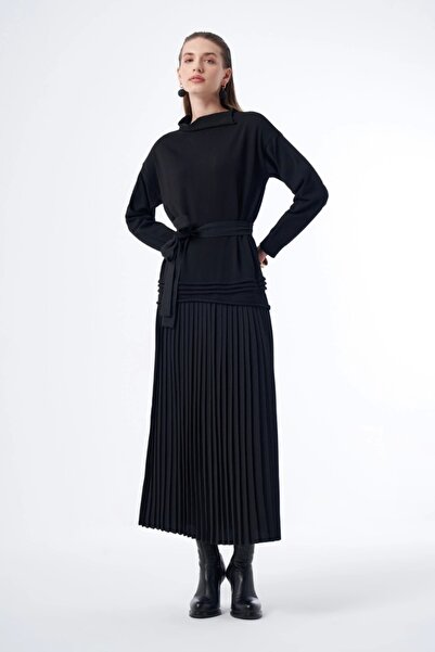 MissWhence Black Pleated Knitwear Dress - 36813