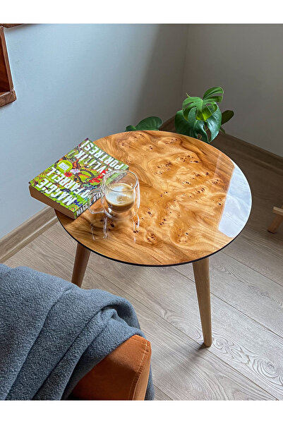 hwcfurniture Doğal Kök Kaplama Yuvarlak Sehpa 50cm - Parlak Cilalı Yan Sehpa