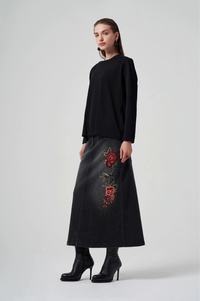 MissWhence Denim Skirt Embroidered Design