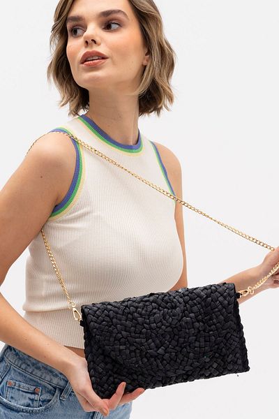 FASHION COCKTAIL Дамска чанта за лятна почивка - подплатена, вносна машинно плетена ракита с верижка и презрамка