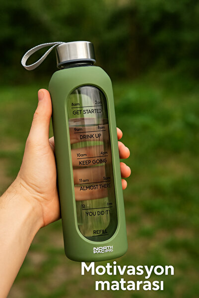 North Pacific Motivational Glass Water Bottle 1 Liter - Borosilicate Bottle with Hourly Goals
