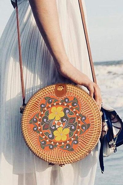 FASHION COCKTAIL Geantă de umăr din ratan Bali de dimensiuni mari, din răchită, importată, căptușită, cu curea din piele, 20 cm X 8 cm