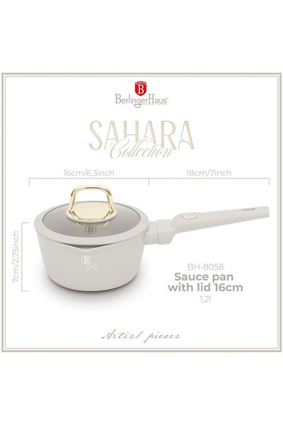 Berlinger Haus Sauce Pan With Lid 16 Cm 1.2l Sahara Bh 8058, Non-stick Coating, Cream