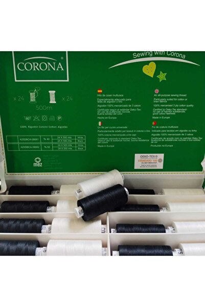 Corona 500 μέτρα Ασπρόμαυρο βαμβακερό νήμα ραπτικής (2 τεμ.)