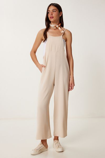 Lovelyİstanbul Cream Colored Flowing Gardener Jumpsuit with Pockets - Ldd0002