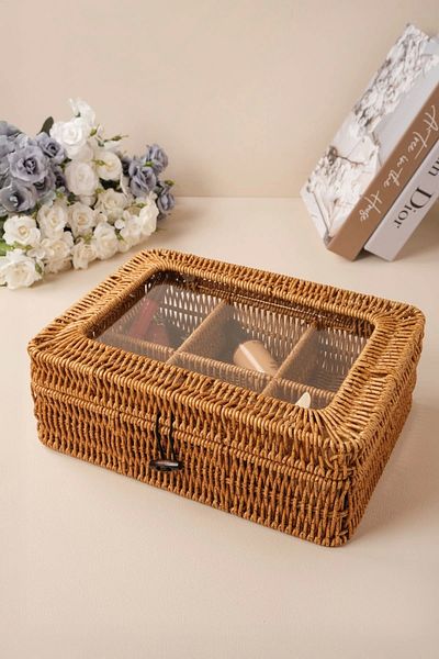 AVANTAGE HOME Mathilda - Rattan 6 Compartment Storage Box with Lid, Organizer, Organizer, Jewelry Box