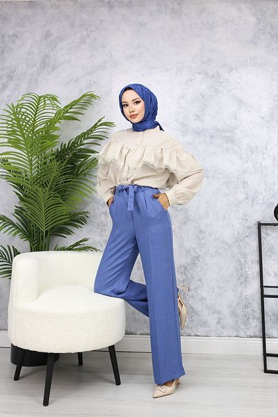HANIMCA GİYİM Super Quality Linen Summer Trousers - Belted and Flowy Tril Tril