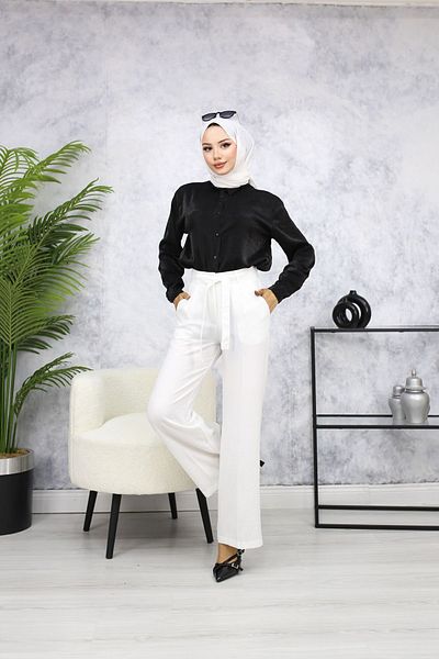 HANIMCA GİYİM Full Summer Linen Trousers - Belt Detailed