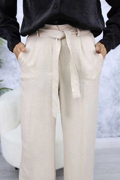 HANIMCA GİYİM Full Summer Linen Trousers - Belt Detailed