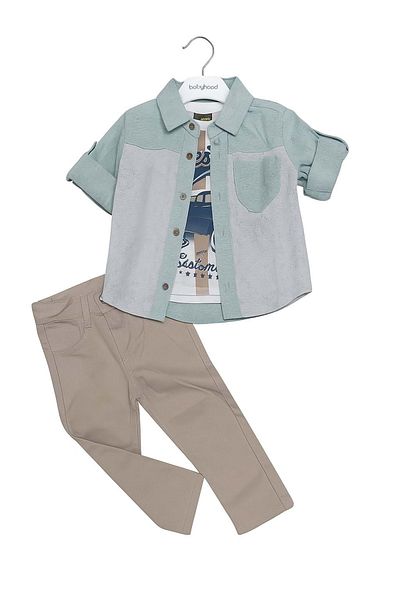 Mnk Baby&Kids Pocket Shirt, Trousers, T-Shirt 3 Piece Boy's Suit Mnk4016 Green