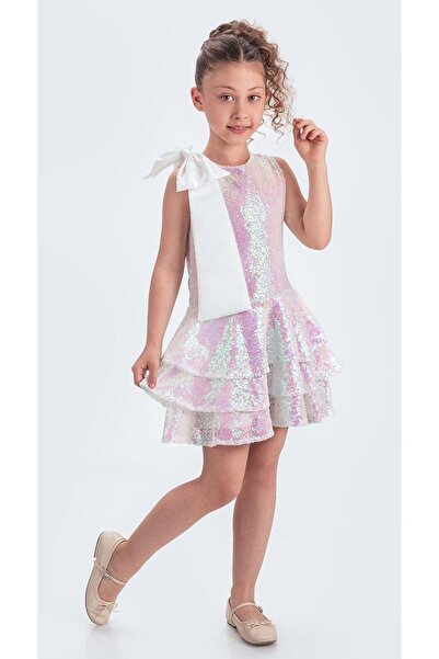 Mnk Baby&Kids Collar Bow Sparkly Sequin Fabric Girls' Evening Dress M00702 Ecru