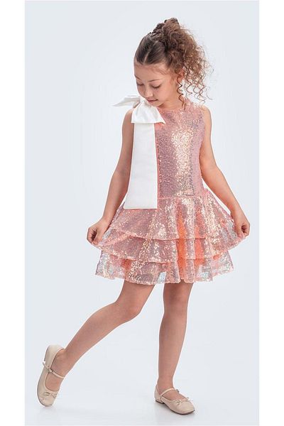 Mnk Baby&Kids Collar Bow Glittering Sequin Fabric Girls' Evening Dress M00702 Salmon
