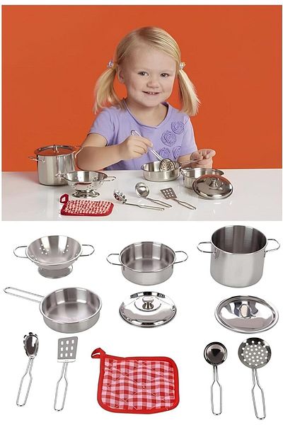 SCOWETTO Stainless Steel Pot And Pan Accessory Set 11 Pieces Metallic Toy Kitchen Accessories