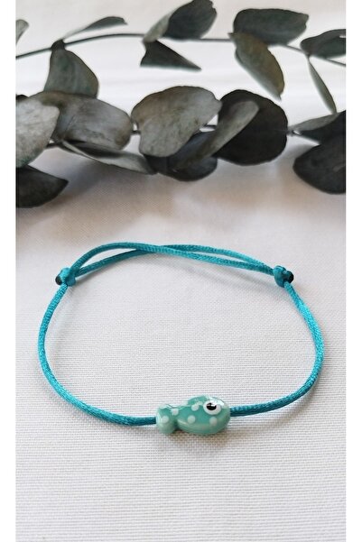 Bella Sera Studio Petrol Mavisi Saten İp Halhal Seramik Balık Detaylı (Suya Dayanıklı)