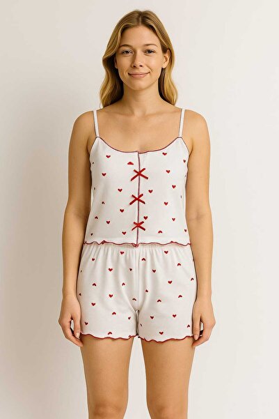 unbranded Red Heart Patterned Women's Pajama Set with Strappy Shorts