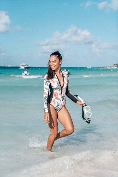 YASERS Kadın Siyah Uzun Kollu Fermuarlı Çiçek Desenli Sörf Yüzücü Surf Mayo