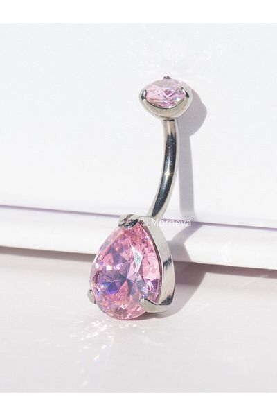 MORNEVA Titanium Pink Crystal Drop Stone Minimal Navel Belly Piercing