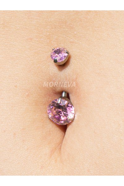 MORNEVA Titanyum Pembe Kristal Daire Taşlı Minimal Göbek Belly Piercingi
