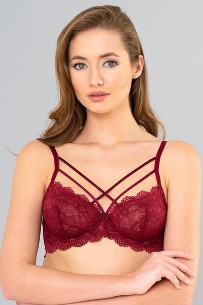 CETERISAO Bordo Kırmızı Dantelli Bralet - Çapraz Askılı Telli Balenli Dolgusu...