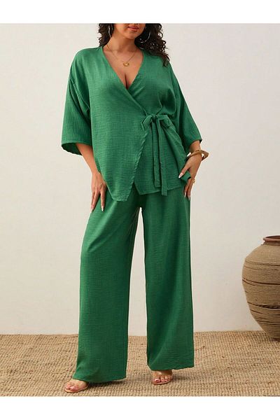 MEN Plus Size Cross Tie Cotton Linen Kimono Set