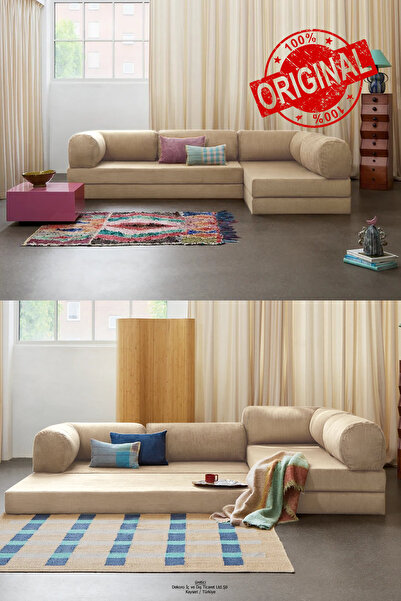 Dekoro YENY FİTİLLİ KADİFE KÖŞE KOLTUK, İKİ BÜYÜK YER YATAĞI, CIRTBANT BAĞLAN...