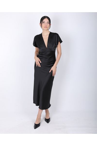 DEQ FASHION Women's Black Satin V-Neck Midi Dress