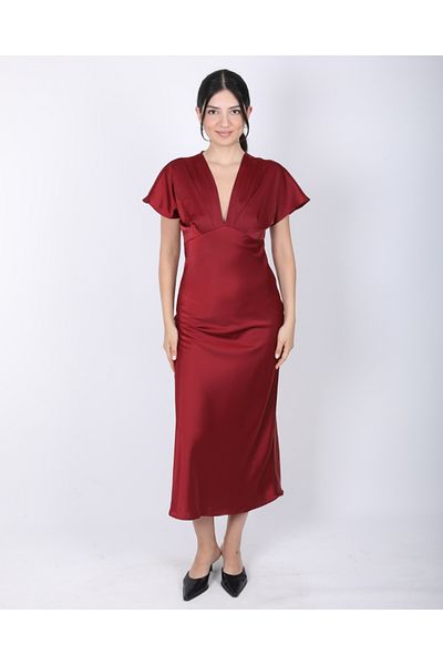 DEQ FASHION Women's Burgundy Satin V-Neck Midi Dress