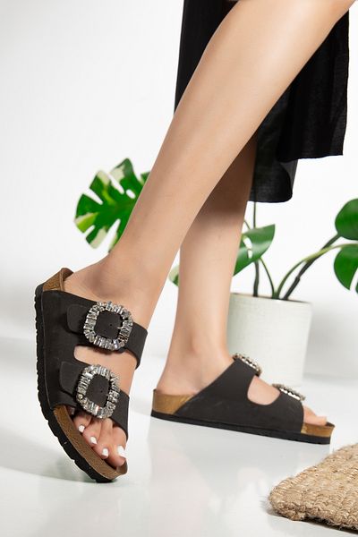 PLN SHOES Unisex Ορθοπεδική Σόλα Μαύρη Ανατομική Παντόφλα Παντόφλες Καθημερινές Άνετες με Διπλή Πόρπη