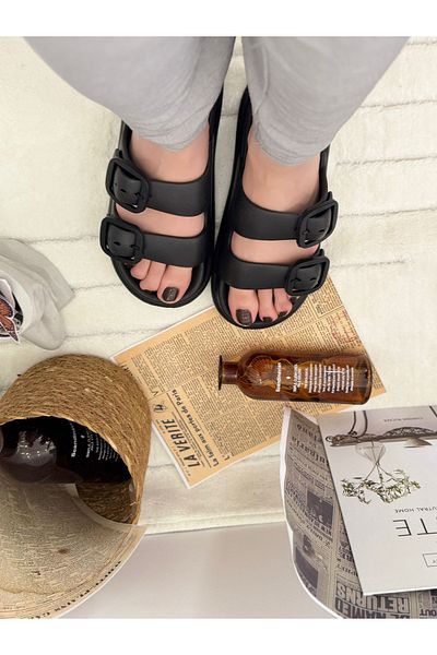 Ayakkabı Durağı Women's Daily Slippers Double Strap Adjustable Buckle Slippers Eva Soft Orthopedic Sole Black