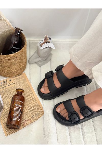 Ayakkabı Durağı Women's Daily Slippers Double Strap Adjustable Buckle Slippers Eva Soft Orthopedic Sole Black
